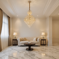 Candelabru cristal rotunda argintiu Ø600 H900 in living foarte inalt, 13 E27, iluminare spectaculoasa fara telecomanda