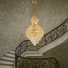 Candelabru cristal rotunda argintiu Ø600 H900 pe casa scarii, 13 E27, efect vizual impunator de lux