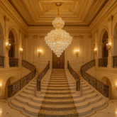 Candelabru cristal rotunda Ø800 H1100 pe casa scarii monumentale, 22 E27, efect vizual spectaculos