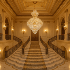 Candelabru cristal rotunda Ø800 H1100 pe casa scarii monumentale, 22 E27, efect vizual spectaculos