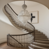 Candelabru cristal rotunda crom Ø800 H1100 pe casa scarii inalte, 22 E27, efect vizual grandios