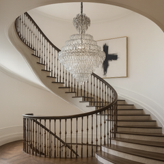 Candelabru cristal rotunda crom Ø800 H1100 pe casa scarii inalte, 22 E27, efect vizual grandios