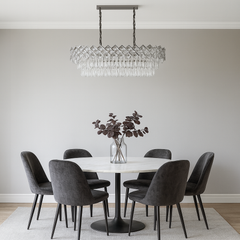 Candelabru cristale dreptunghiular argintiu 800x300 mm langa casa scarii, 8 E27, iluminare moderna rafinata