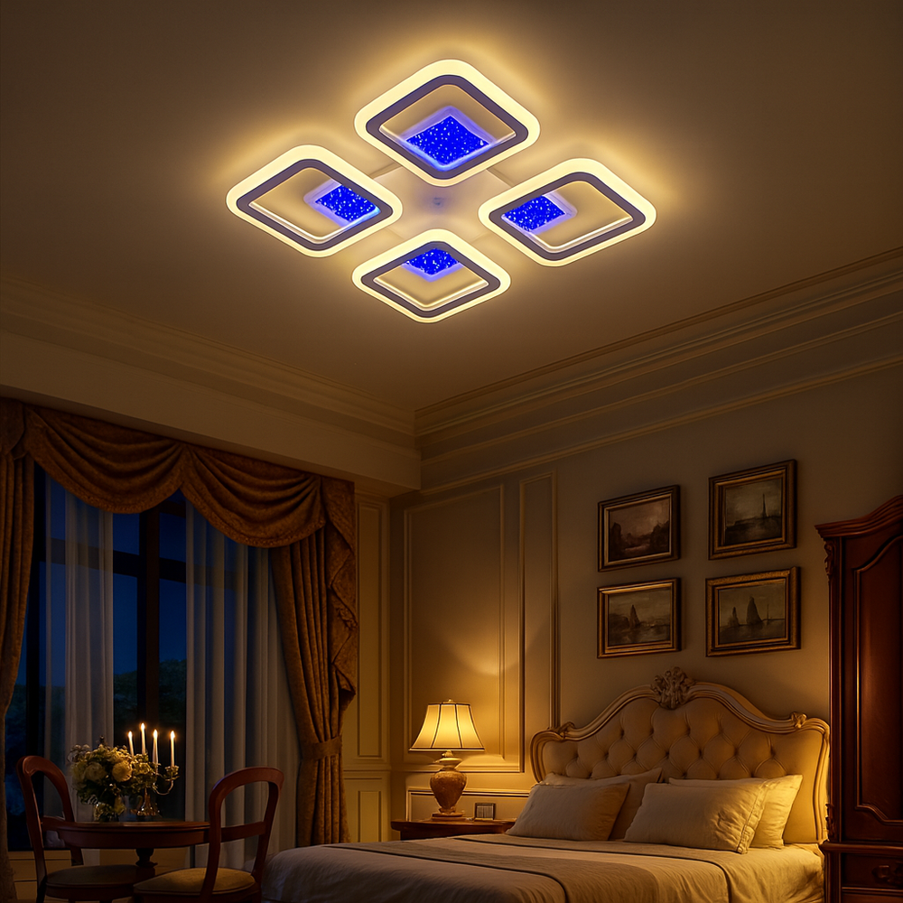 Lustra LED patrata 8736/4 104W cu telecomanda si lumina 2800–6500K, perfect a pentru dormitoare moderne si confortabile