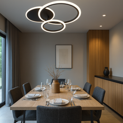 Lustra LED 8888/3BK 98W cu inele suprapuse, perfect a pentru dininguri moderne cu lumin a uniforma si reglabila