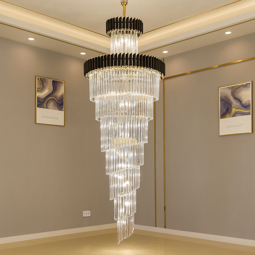 Candelabru negru cu auriu si becuri Ø600x1800 mm pentru living inalt sau scara interioara eleganta