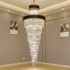 Candelabru negru cu auriu si becuri Ø600x1800 mm pentru living inalt sau scara interioara eleganta