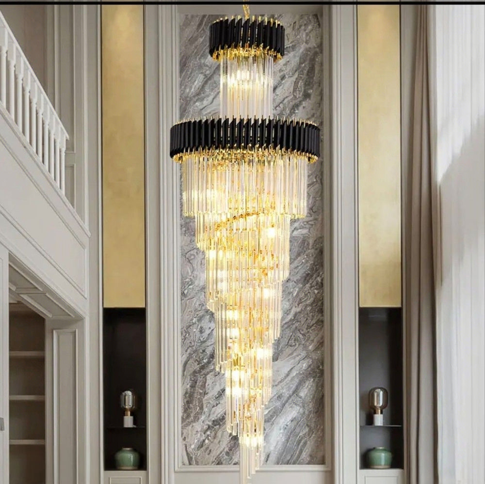 andelabru negru cu auriu si becuri Ø600x1800 mm pentru living inalt sau scara interioara eleganta