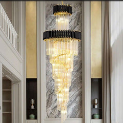 Candelabru negru cu auriu si becuri Ø600x1800 mm pentru living inalt sau scara interioara eleganta