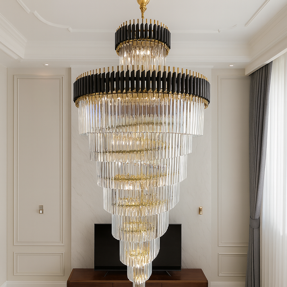 candelabru negru cu auriu si becuri Ø600x1800 mm pentru living inalt sau scara interioara eleganta