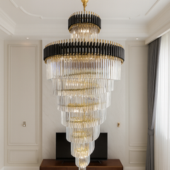 candelabru negru cu auriu si becuri Ø600x1800 mm pentru living inalt sau scara interioara eleganta