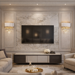 Aplica de perete alba cu cristale decorative si stil glam modern, iluminare ambientala eleganta pentru living sofisticat