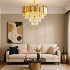 Candelabru rotund auriu cu cristale 9001/300FG aduce lumina calda si un accent elegant intr-un living modern si compact.