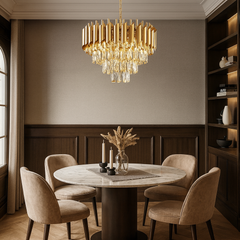 Candelabru rotund auriu 9001/300FG cu cristale lumineaza delicat dormitorul, oferind o atmosferă calda si accent glam.