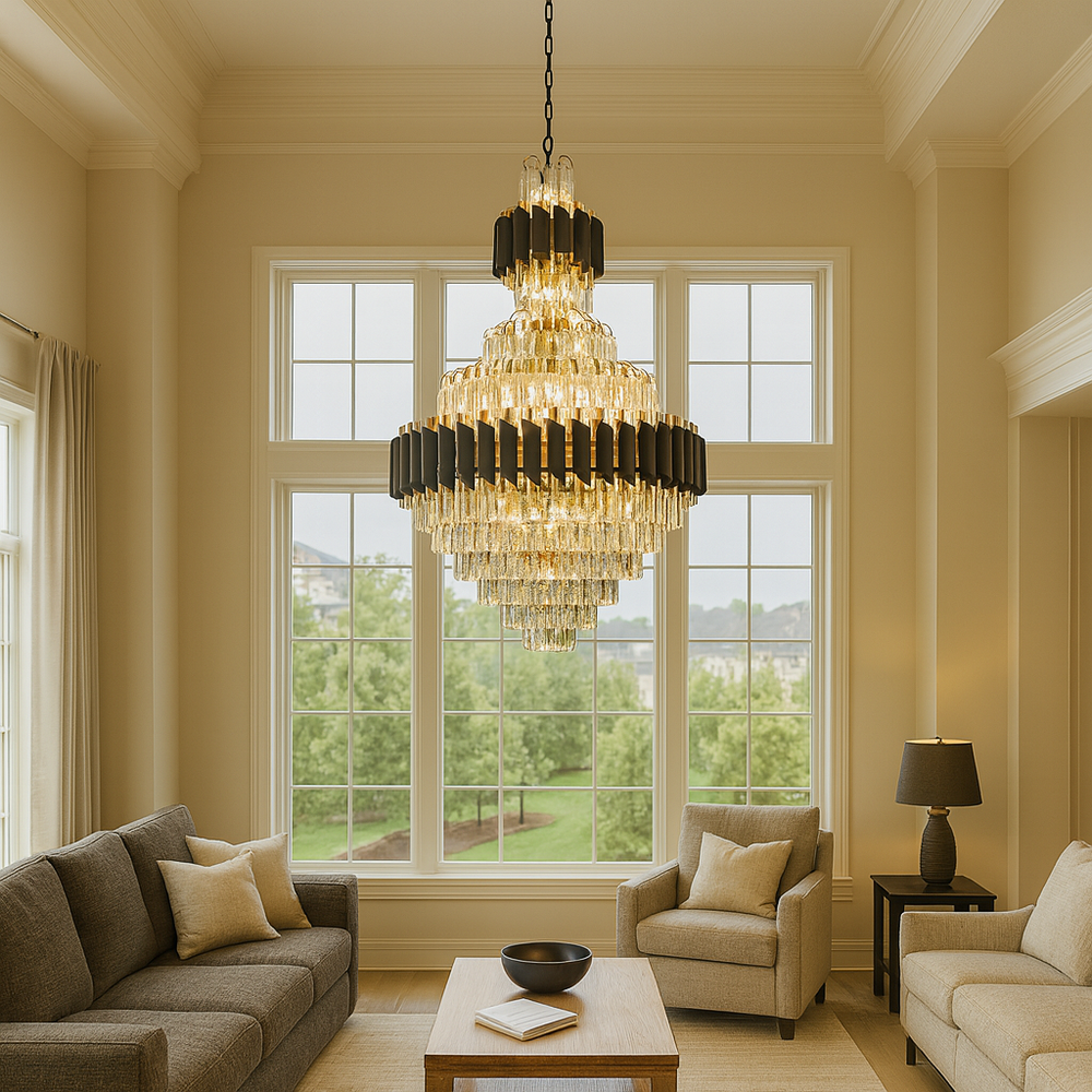 Candelabru cristal rotunda auriu negru Ø600 H930 in living inalt, 15 E27, iluminare puternica glam lux