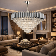 Candelabru rotund argintiu 80cm cu cristale si 12 becuri E27, montat in living modern elegant