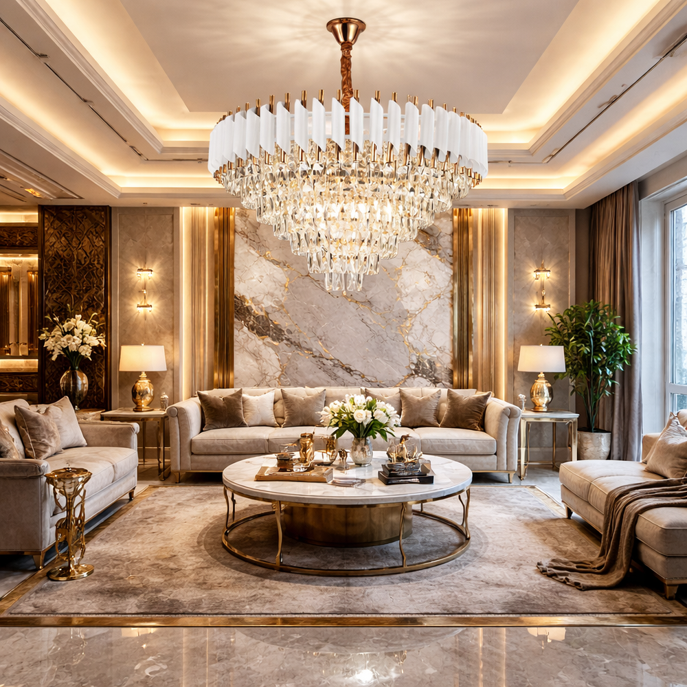Candelabru cristal rotund alb 80 cm 12xE27 montat in living modern elegant, iluminare ampla si design rafinat