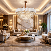 Candelabru cristal rotund alb 80 cm 12xE27 montat in living modern elegant, iluminare ampla si design rafinat