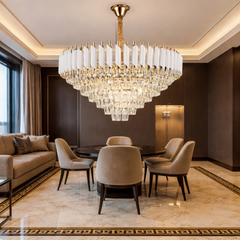 Candelabru cristal rotund alb 80 cm 12xE27 montat in living modern elegant, iluminare ampla si design rafinat