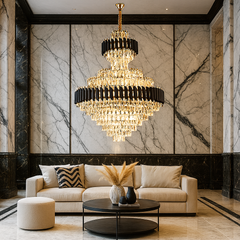 Candelabru cristal rotunda auriu negru Ø800 H1050 in living cu tavan inalt, 20 E27, iluminare lux intensa