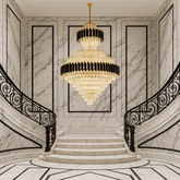 Candelabru cristal rotunda auriu negru Ø800 H1050 pe casa scarii monumentale, 20 E27, impact de lux