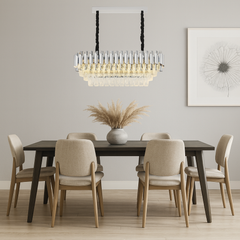 Candelabru rectangular argintiu cu cristale 9001 SY pentru dining modern, iluminare ampla cu 8 becuri E27 si stil elegant rafinat.