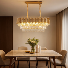 Candelabru rectangular auriu cu cristale 9001 pentru zona de dining moderna, iluminare ampla cu 8 becuri E27 si aspect elegant premium.