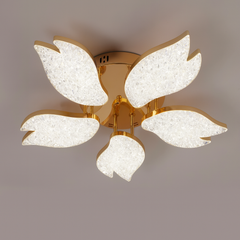 Lustra LED moderna Ø61 cm, petale acril aurii, lumina ajustabila cu telecomanda 3000K–6500K, perfecta pentru dormitor elegant, model 9141/5 FGD.