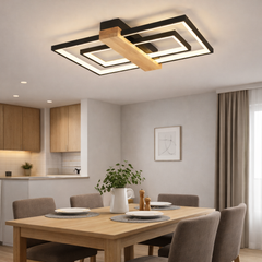 Lustra LED neagra cu lemn, design modern, lumina ajustabila cu telecomanda, in bucatarie moderna luminoasa