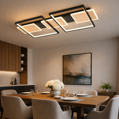 Lustra LED neagra cu lemn, design modern alungit, lumina ajustabila cu telecomanda, in bucatarie moderna luminoasa