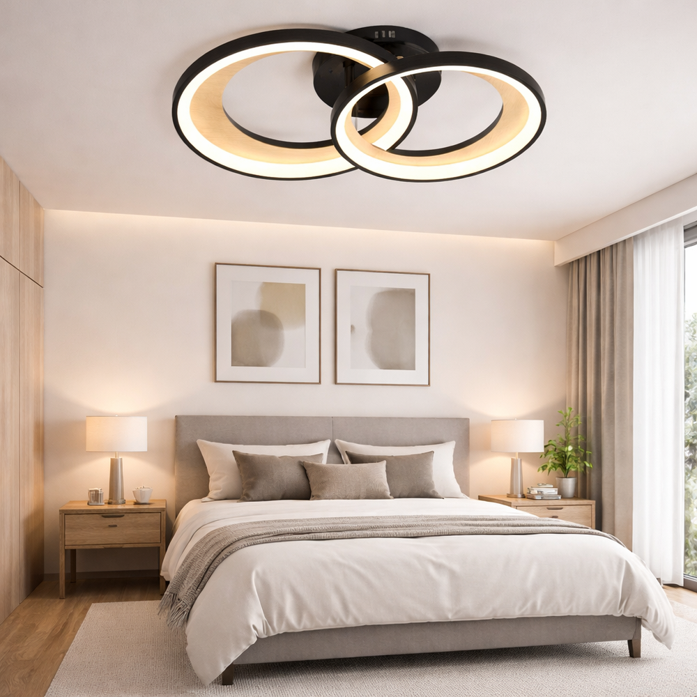 Lustra LED neagra cu lemn, design modern dublu, lumina ajustabila cu telecomanda, in dormitor confortabil modern
