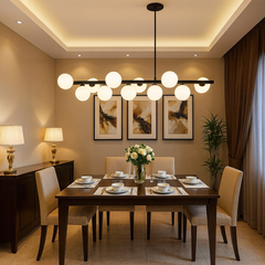 Lustra LED negru mat 11 globuri sticla mata, punct central arhitectural pentru zona de dining