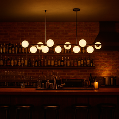 Lustra LED negru mat 11 globuri sticla mata, iluminare stil industrial pentru bar si restaurant