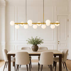 Lustra LED auriu satinat 11 globuri sticla mata, punct central luxos pentru zona de dining