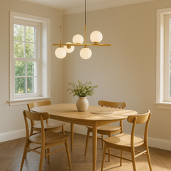 Lustra LED auriu 4 globuri sticla mata, punct decorativ rafinat pentru zona de dining