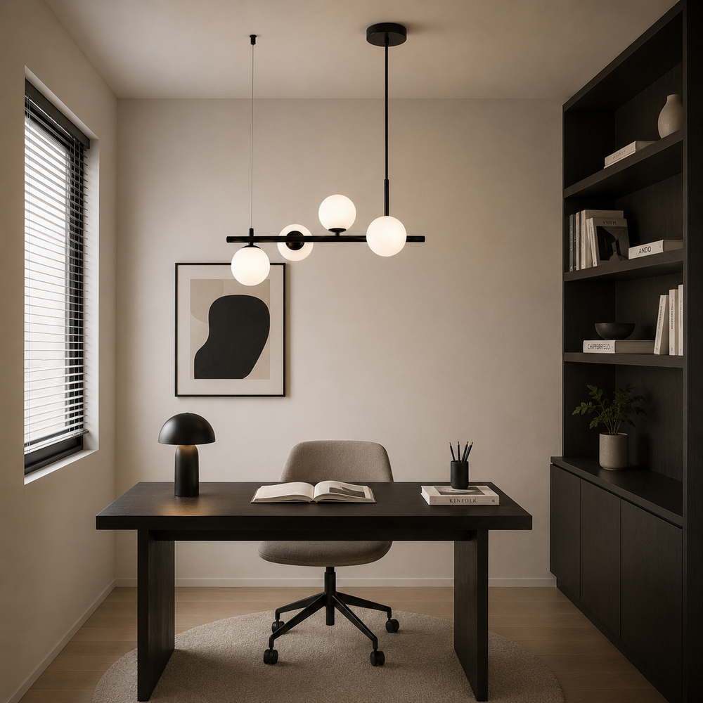 Lustra LED 9560-4BK cu finisaj negru si 4 globuri mate intr-un birou modern, iluminare uniforma pentru spatiu de lucru elegant si confortabil.