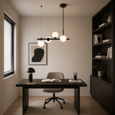 Lustra LED 9560-4BK cu finisaj negru si 4 globuri mate intr-un birou modern, iluminare uniforma pentru spatiu de lucru elegant si confortabil.