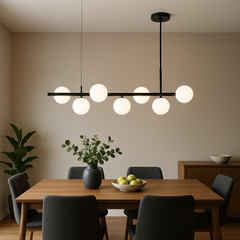 Lustra LED negru mat 7 globuri sticla mata, punct central modern pentru zona de dining