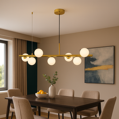 Lustra LED auriu satinat 7 globuri sticla mata, punct central rafinat pentru zona de dining