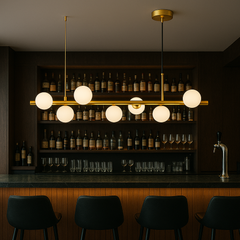 Lustra LED auriu satinat 7 globuri sticla mata, iluminare rafinata pentru bar si cafenea