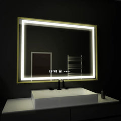 Oglinda smart 100x80 cm cu LED, dezaburire, control tactil, ceas digital si afisaj temperatura, ideala pentru bai moderne.