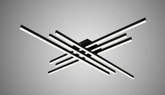 Lustra LED 9795/6BK neagra cu 6 brate incrucisate si telecomanda, luminand zona de dining intr-un decor contemporan.