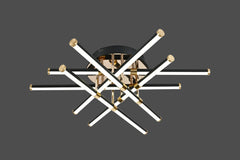 Lustra LED 9802/6BK+FGD negru auriu cu bare incrucisate si telecomanda, oferind lumina reglabila intr-un dormitor modern.