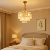 Candelabru modern auriu cu cristale 98046/300FG, perfect pentru dormitor modern cu atmosfera rafinata si lumina ajustabila prin becuri.