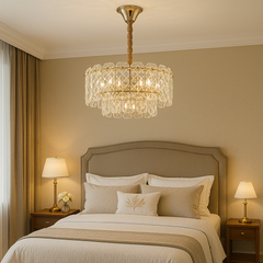 Candelabru modern auriu cu cristale 98046/400FG, perfect pentru dormitor modern cu atmosfera rafinata si lumina reglabila prin becuri.