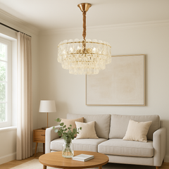 Candelabru modern auriu cu cristale 98046/500FG si 6 surse E27, ideal pentru living elegant cu iluminare calda si efect vizual premium.