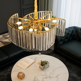 Candelabru modern cu 5 becuri E27, finisaj auriu si design in trepte, ofera in dining o lumina decorativa sofisticata si uniforma.