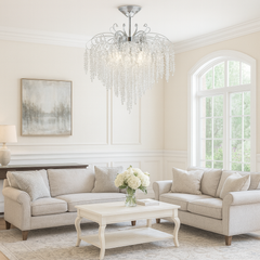 Candelabru modern lux auriu cu cristale transparente, Ø47 cm si 5 E27, ideal pentru living elegant cu efect luminos premium, model 98194-5 TB.