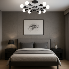 Lustra LED 9855-8 negru mat cu 8 brate E27, montata intr-un dormitor modern, oferind luminare uniforma si eleganta.