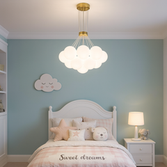 Lustra LED auriu mat 14 globuri sticla mata, lumina ambientala uniforma pentru dormitor